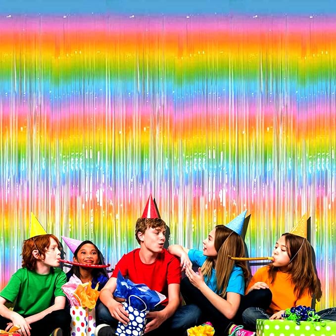 4 Pack Macaron Rainbow Foil Fringe Curtain Backdrop, 3.28Ft x 8.2Ft Metallic - Image 7