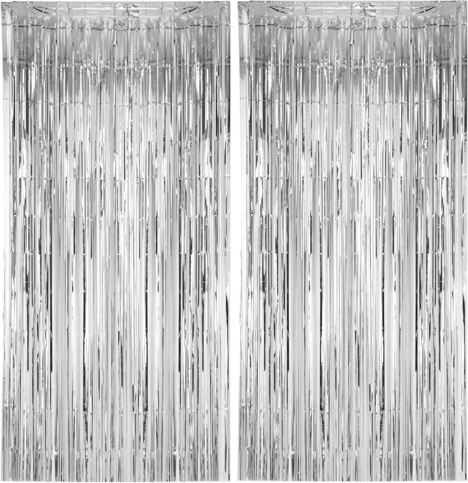 2 Pack Silver Foil Fringe Backdrop Curtains, Tinsel Streamers Birthday Party by Voircoloria