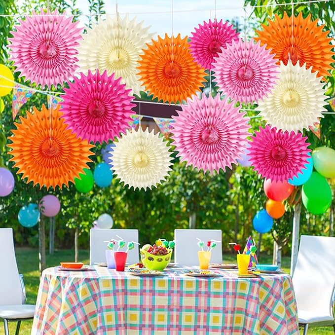 BestoFun 12PCS Paper Fans Hot Pink and Orange Party Decorations Tissue Paper - Image 5