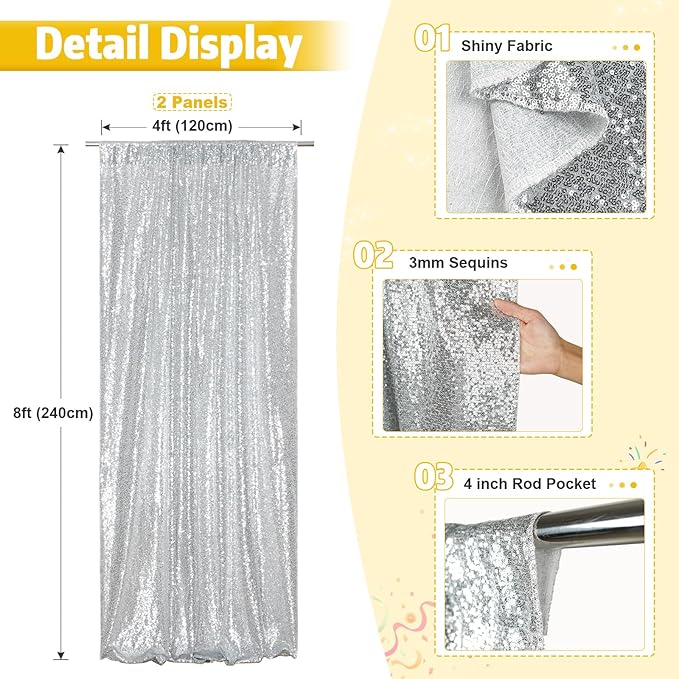 Poise3EHome 2 Panels 4ftx8ft Silver Sequin Backdrop, Upgrade Shimmer Backdrop - Image 4
