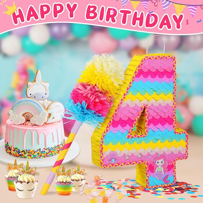 Number 4 Pinata for Birthday Party Decorations, Unicorn Mermaid Theme Pink - Image 2