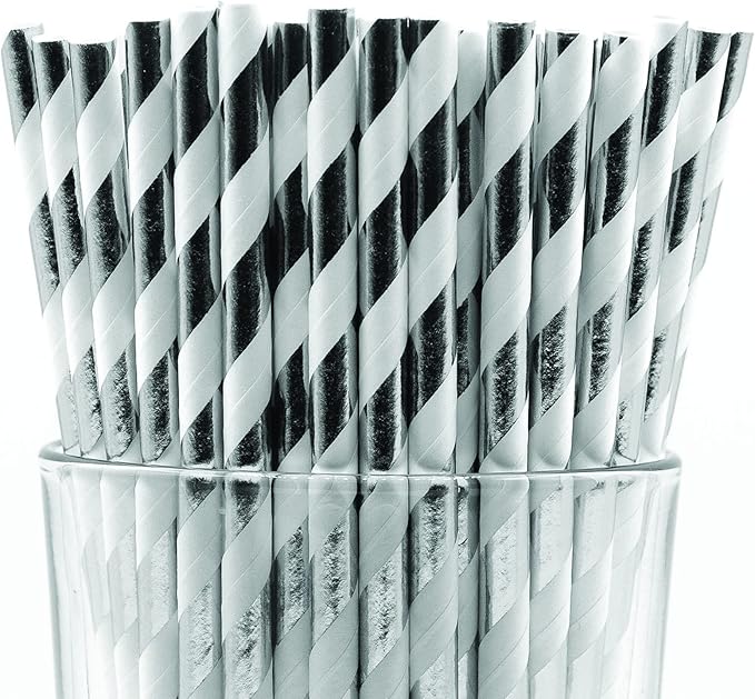 Pack of 900 Silver Foil Swirls Biodegradable 4-Ply Paper Drinking Straws by Stephanie+Imports