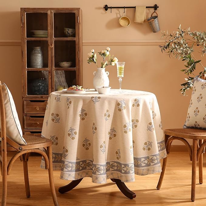 patdrea Designer Beige Round Tablecloth, Vintage Linen Yellow Floral Pattern - Image 2