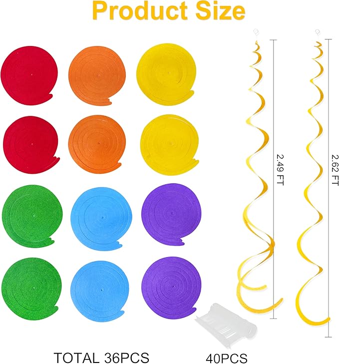 36 Pcs Rainbow Hanging Swirl Decorations Colorful Felt Swirl Streamer Spiral - Image 2