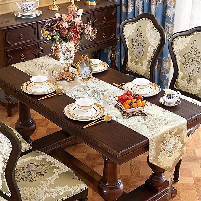 HeMiaor Jacquard Damask Table Runner Chenille Flowery - Image 7
