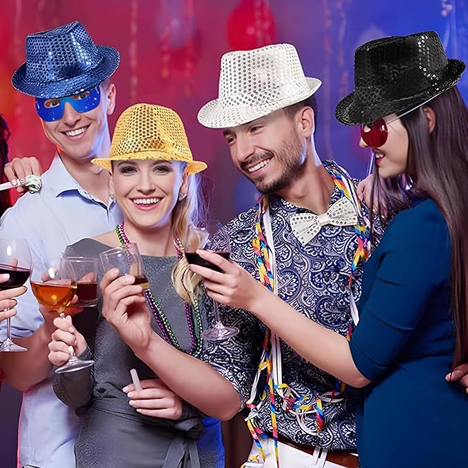10 Pcs Unisex Sequin Fedora Hat Sequin Bow Ties Set Bling Retro Dance Jazz Cap - Image 5