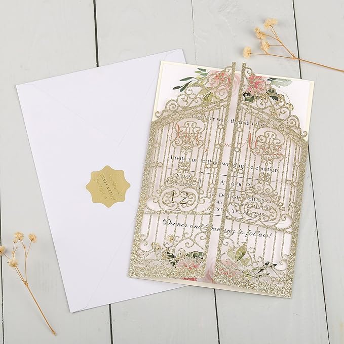 50PCS Gold Glitter Wedding Invitations Laser Cut Invitations - Image 4