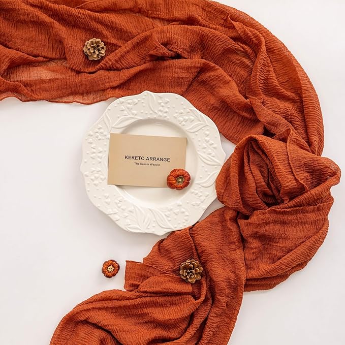3pcs Fall Terracotta Table Runner Rust Gauze Rustic Cheesecloth 120 Inch 10 FT - Image 2