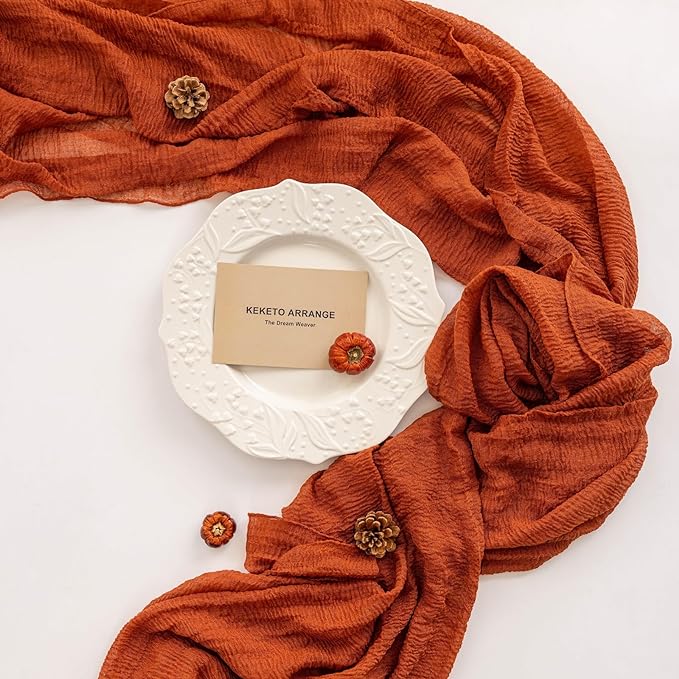 Keketo Fall Thanksgiving Table Runner Terracotta Rust Gauze 120 Inch 10 FT - Image 2