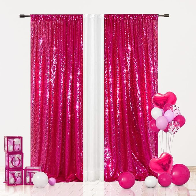 Eternal Beauty Hot Pink Sequin Backdrop Curtains, Valentine's Day Shimmer Back by EternalBeauty