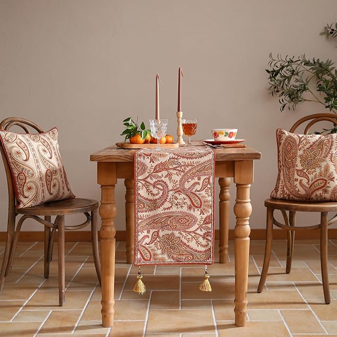 ISAENNE Designer Elegant Red Linen Extra Long Table Runner 118 Inches, Vintage - Image 2