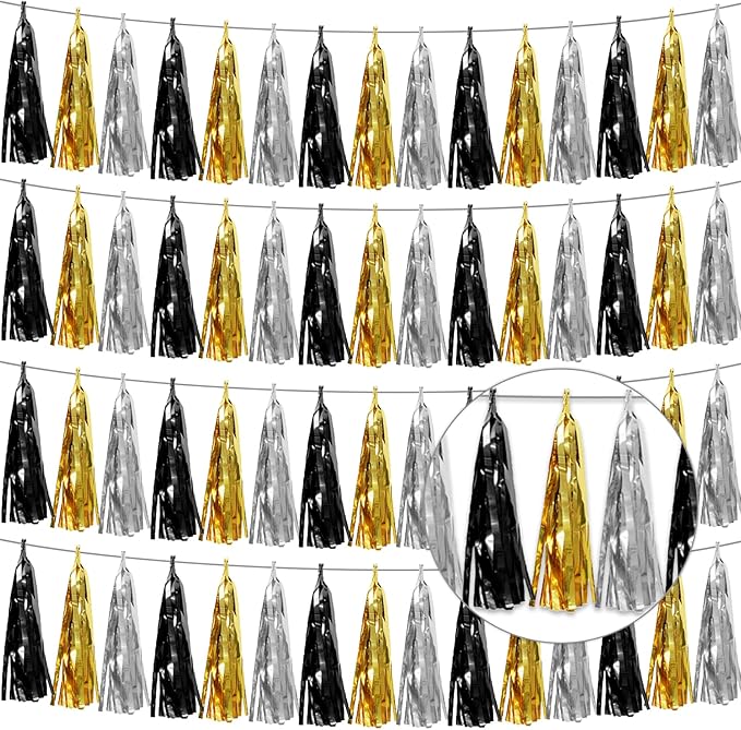 4P Black Gold Silver Foil Fringe Tassel Garland Banner Metallic Tinsel by Xuuf