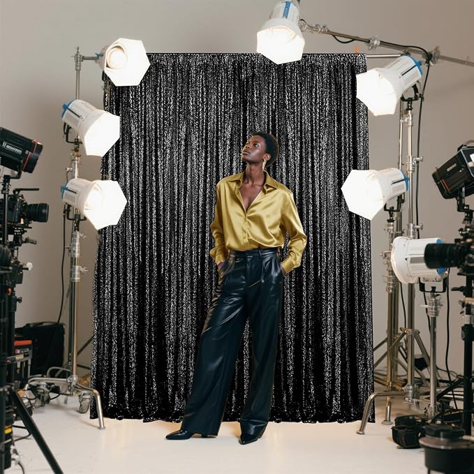 Black Sequin Backdrop Curtain 2 Pieces 2FTx8FT Glitter Photography Backdrop - Image 3