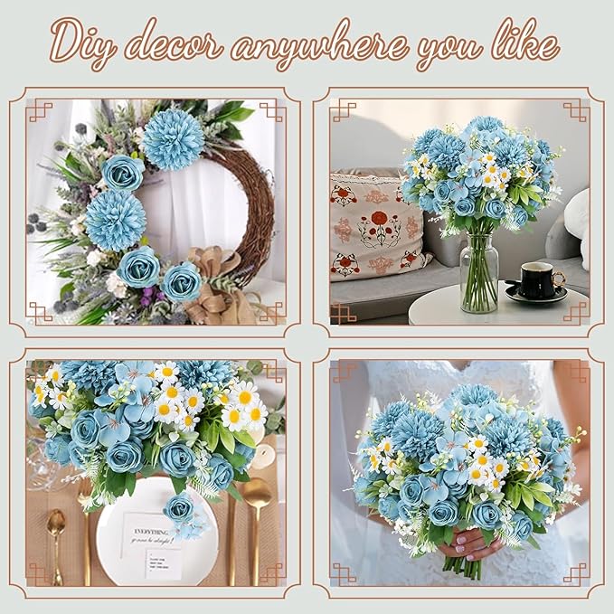 12 Bundles Artificial Flowers Blue Fake Rose Flower Mixed Chrysanthemum - Image 6