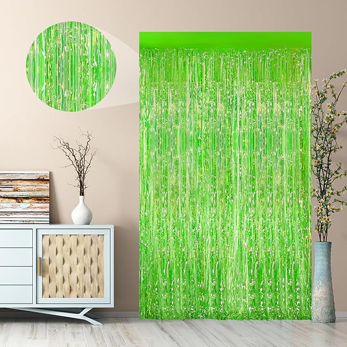 2Pack 3.3 x 8.3Ft Neon Green Foil Fringe Backdrop Curtains, Gender Reveal Disco - Image 2