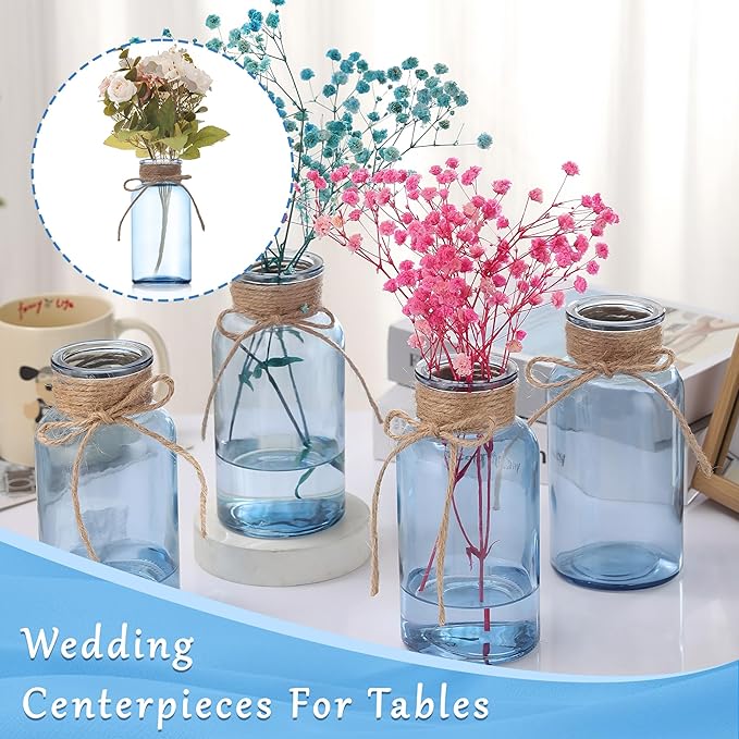 Blue Glass Flower Vases for Centerpieces Set of 6, Mason Jars Boho Cylinder Bud - Image 2