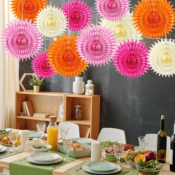 BestoFun 12PCS Paper Fans Hot Pink and Orange Party Decorations Tissue Paper - Image 6