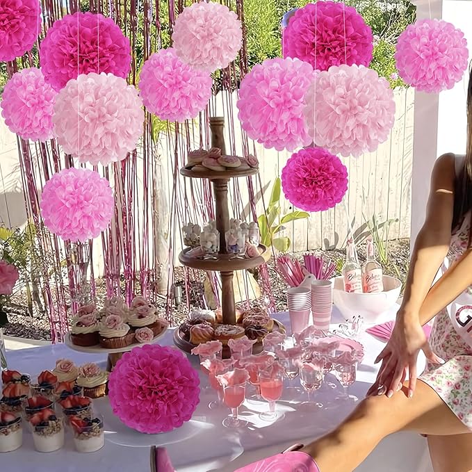 Hot Pink Tissue Pom Poms Paper Flowers Hanging Decorations Pink Flower Ball - Image 7