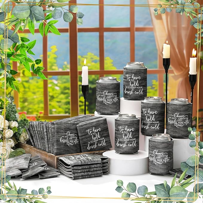 50 Pieces Wood Grain Wedding Can Cooler Sleeves Bulk Engagement Party Favors - Image 2