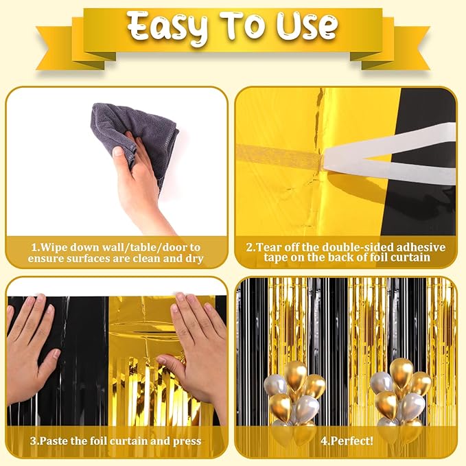 2 Pack Black and Gold Foil Fringe Backdrop Curtains, Tinsel Streamers Birthday - Image 4