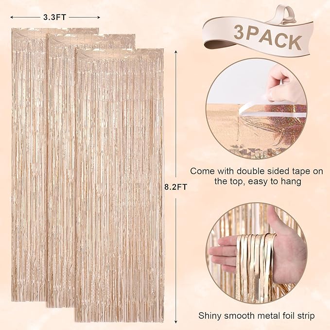 3 Pack 3.3 x 8.2 ft Laser Champagne Foil Fringe Backdrop Curtains, Tinsel - Image 4