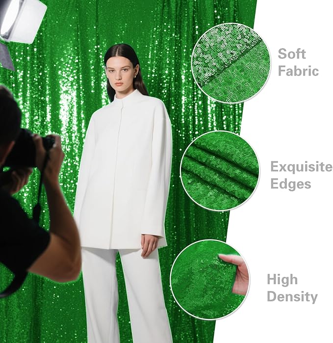 Green Sequin Backdrop Curtain 2 Pieces 2FTx8FT Glitter Photography Backdrop - Image 4