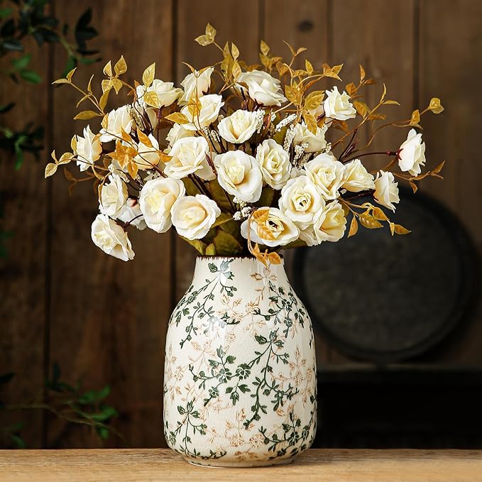 Green and Beige Vintage Vase, Chinoiserie Floral Vase, Rustic Ceramic Large by SUREYUESI