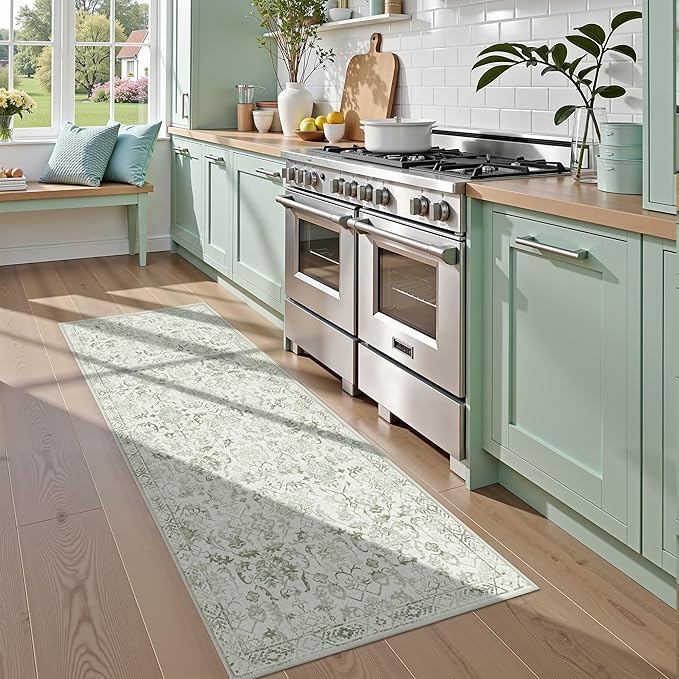 Sage Green 2x6 Runner Rug for Hallways Bed Side Kitchen, Boho Washable - Image 3