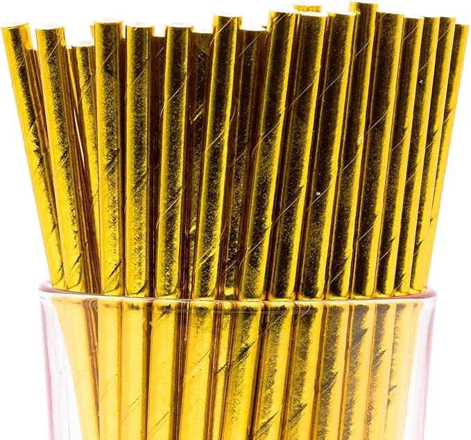 Pack of 150 Gold Foil Biodegradable 4-Ply Paper Drinking Straws by Stephanie+Imports