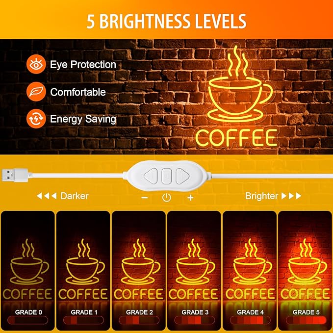 Coffee Neon Sign for Wall Decor, Dimmable USB Powered Bright Led Signs for - Image 3