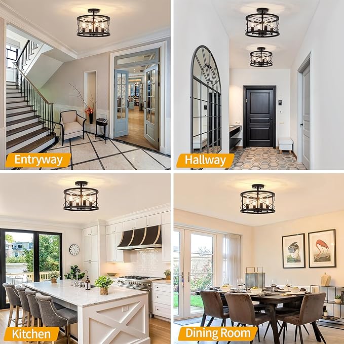 Black Semi Flush Mount Ceiling Light Fixture, 4-Light Farmhouse Modern Ceiling - Image 4