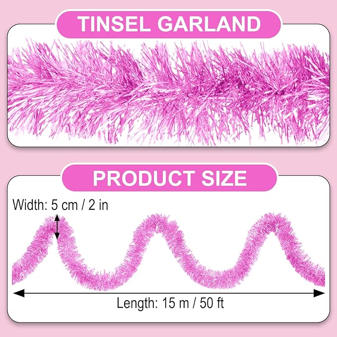50 Feet Macaron Pink Christmas Tinsel Garland, Metallic Foil Twist Garland Wall - Image 2