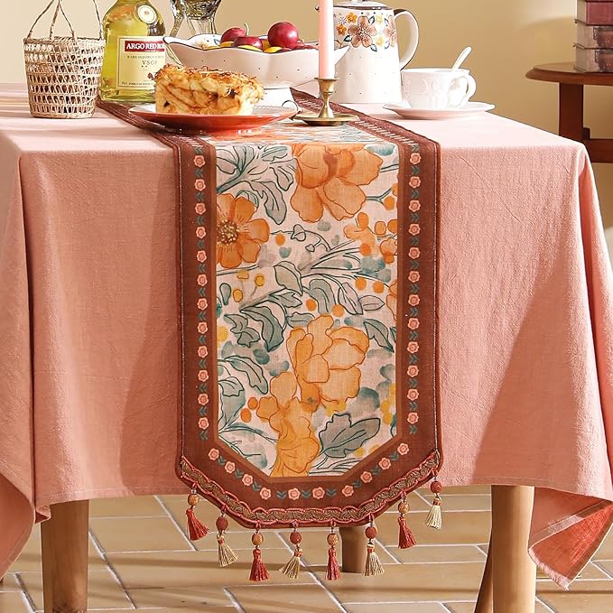 Designer Vintage Floral Printed Table Runner, French Soft Linen Farmhouse Table - Image 6