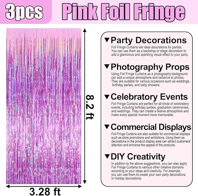 3 Pack Pink Foil Fringe Curtain Backdrop, 3.28Ft x 8.2Ft Metallic Tinsel Foil - Image 2