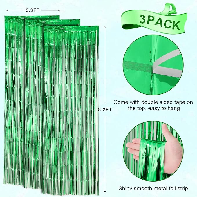 3 Pack 3.3x8.2 Feet Green Foil Fringe Backdrop Curtains, Tinsel Streamers - Image 3
