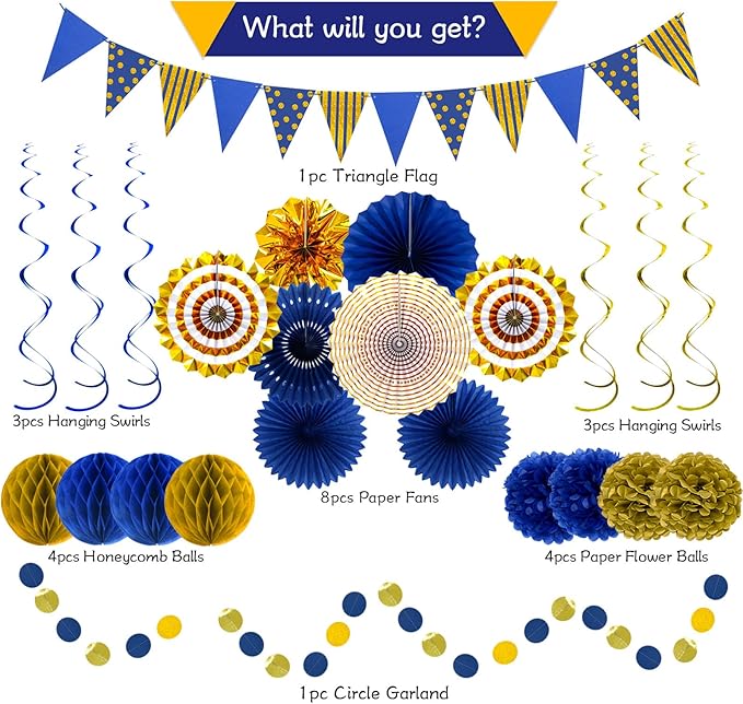 Blue Gold Party Decorations Paper Fans, Graduation Season Hanging Glitter - Image 3