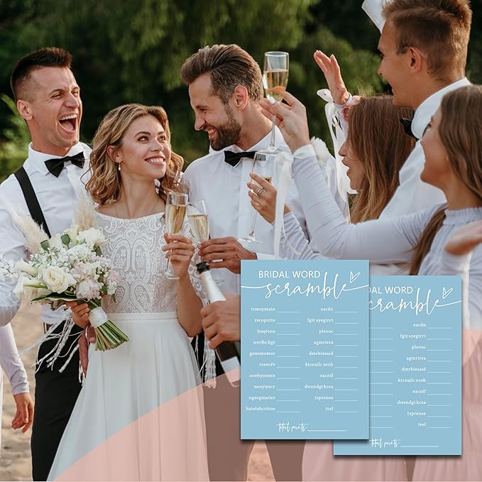 Minimalist Bridal Shower Games, 30 Light Blue Bridal Word Scramble Cards + 1 - Image 5
