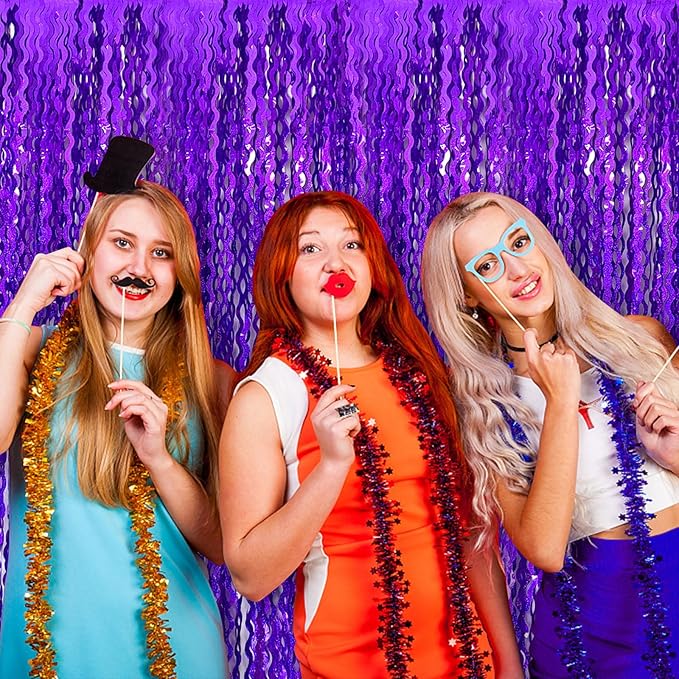 2 Pack Purple Backdrop Tinsel Foil Fringe Curtains Sparkle Metallic Wavy Foil - Image 4