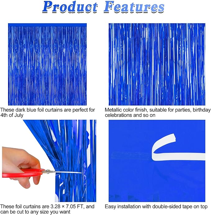 2 PCS Tinsel Backdrop, 3.28 FT x 7.05 FT Dark Blue Backdrop Curtains, Metallic - Image 4