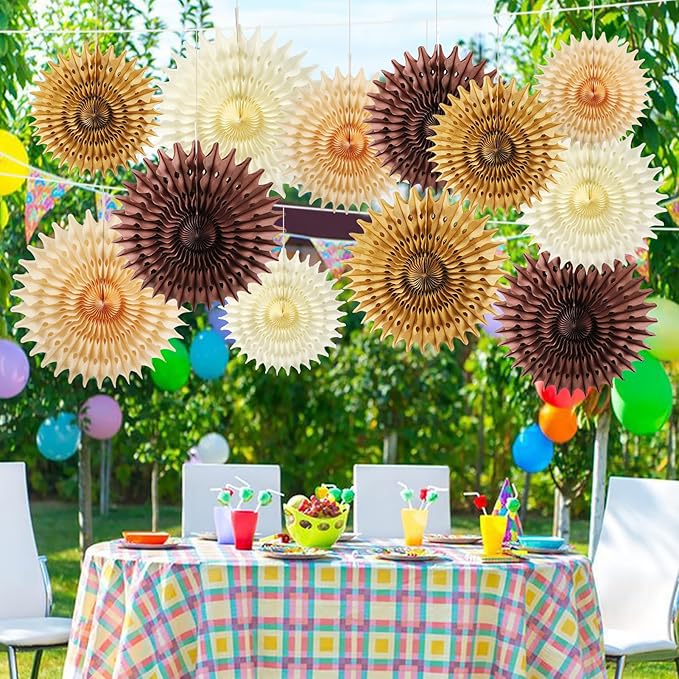 12PCS Paper Fans Brown Neutral Boho Party Decorations Tissue Paper Flowers - Image 5