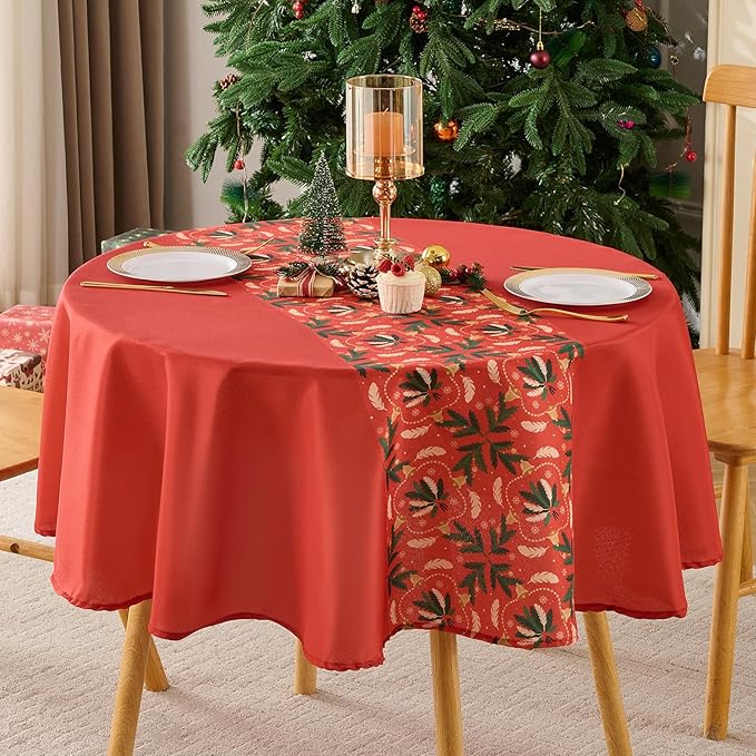 Christmas Tablecloth Round 60 Inch Waterproof, Machine Washable Checkered by AOCOZHomeLifeMuseum