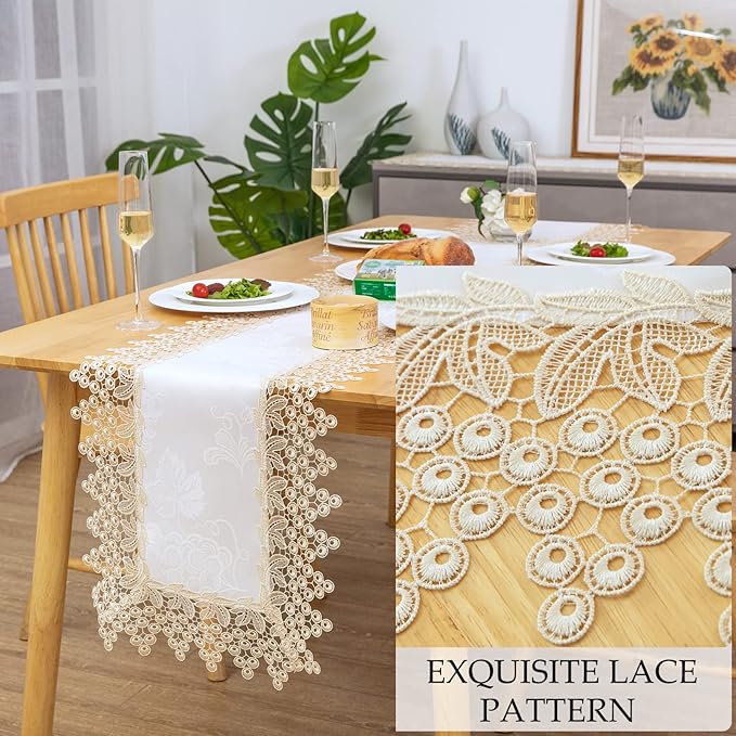 Beige lace Premium Rectangle Farmhouse Table Runner Waterproof OilProof - Image 3