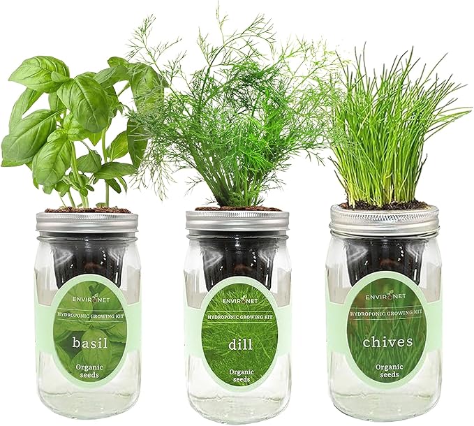 Hydroponic Herb Growing Kit Set, Self-Watering Mason Jar Herb Garden Starter by Environet