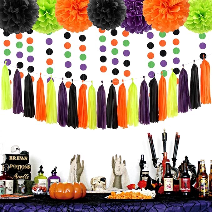 Black-Purple Green-Orange Halloween Tassel-Garland - Image 4