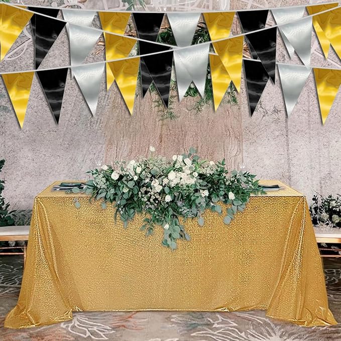 20M/65FT Black Gold Silver Triangle Pennant Banner Flag Metallic Fabric Bunting - Image 4