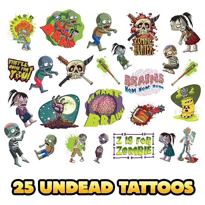 Zombie Halloween Tattoos Variety Pack – 25 Pack of Scary Temporary Tattoos - Image 2