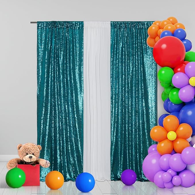 Eternal Beauty Teal Sequin Backdrop Curtains, Shimmer Back Drop 2Panels-2FTx8FT - Image 4