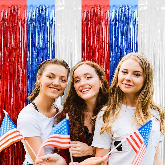 4 Pack Red Blue White Foil Fringe Curtain Backdrop, 3.28Ft x 8.2Ft Metallic - Image 4