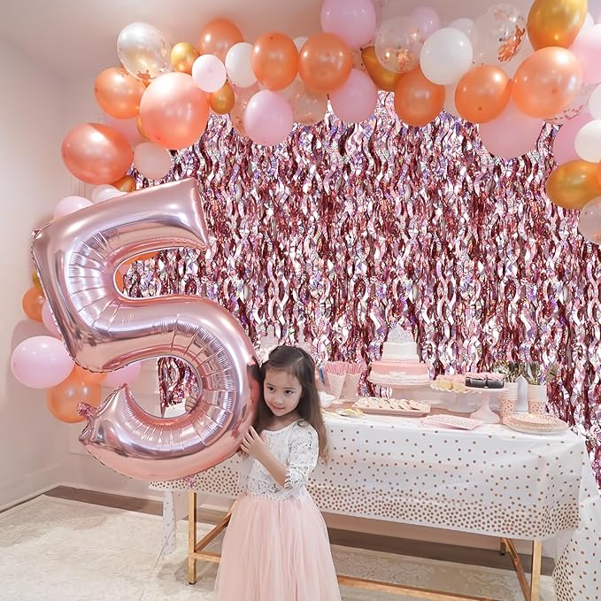 TONIFUL 3Pcs Wavy Metallic Tinsel Foil Fringe Curtains Rose Gold Streamer - Image 5