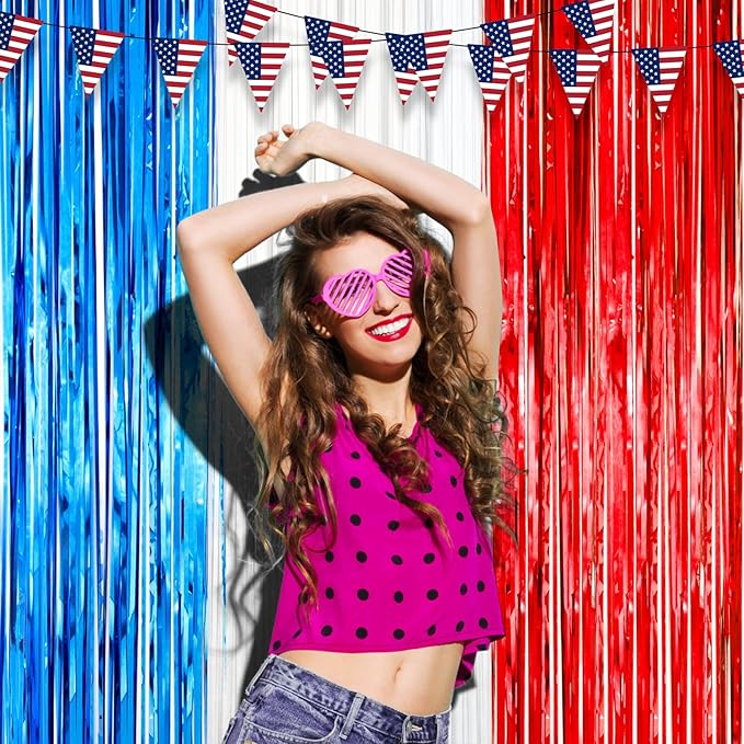 3 Pack 3.3 x 8.2 ft Red White and Blue Foil Fringe Backdrop Curtains, Tinsel - Image 6